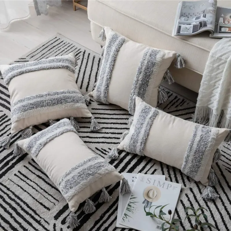 Boho Grey Tassel Pillow Cover tag1