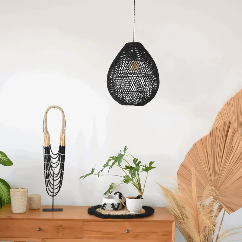 Boho Rattan Handwoven Black Pendant Lamp tag1