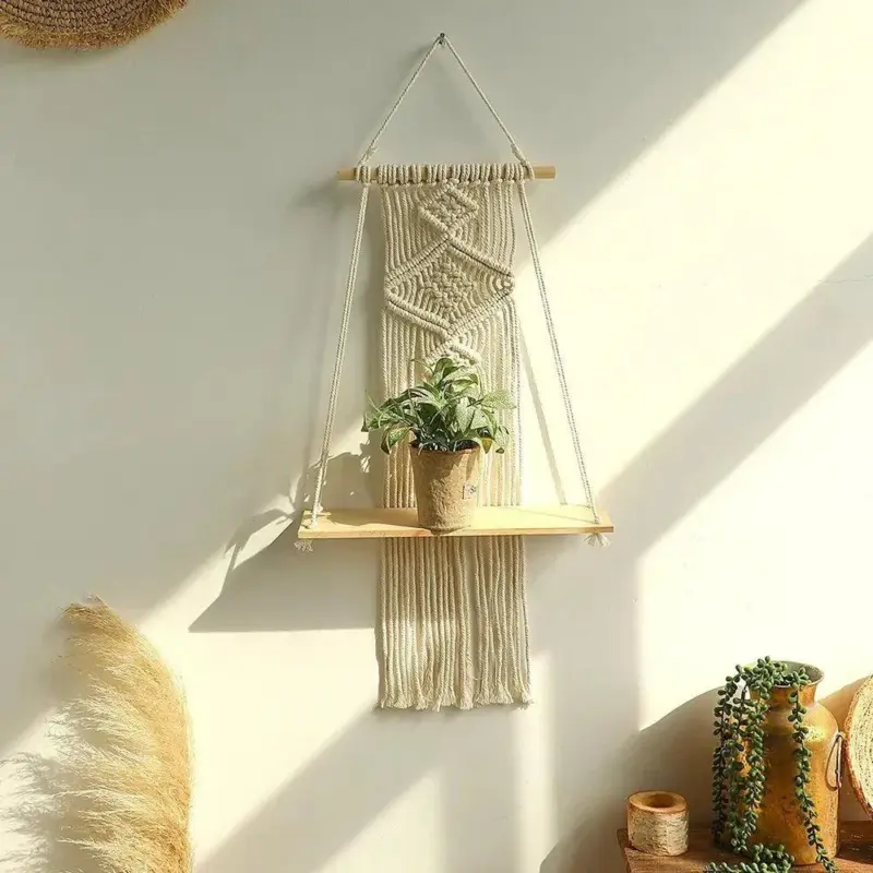 Boho Style Macrame Wall Hanging Shelf tag1