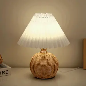 Brolly Pleated Table Lamp - Retro Rattan Lamp - Conical Table Lamp