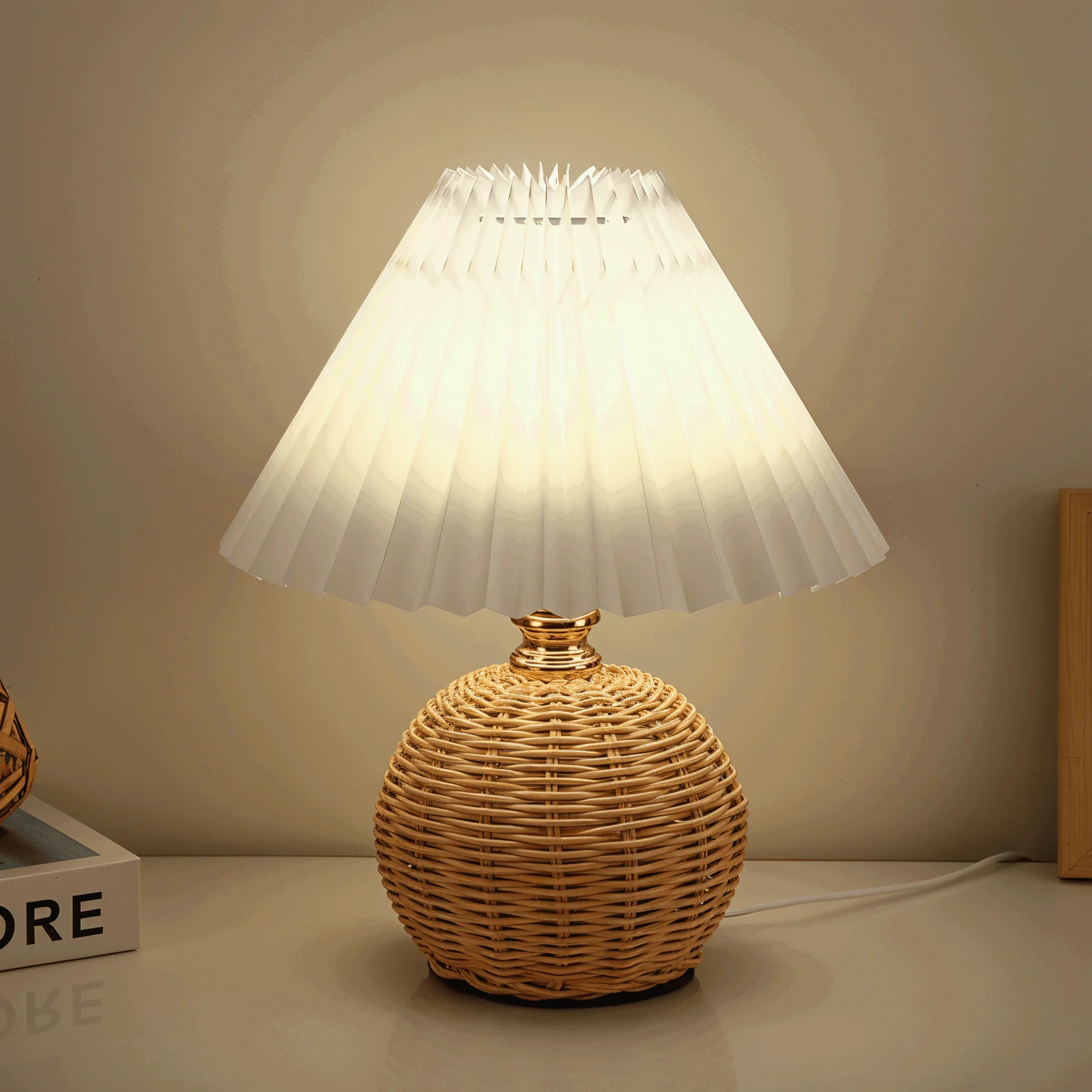 Brolly Pleated Table Lamp - Retro Rattan Lamp - Conical Table Lamp -  - #tag1#
