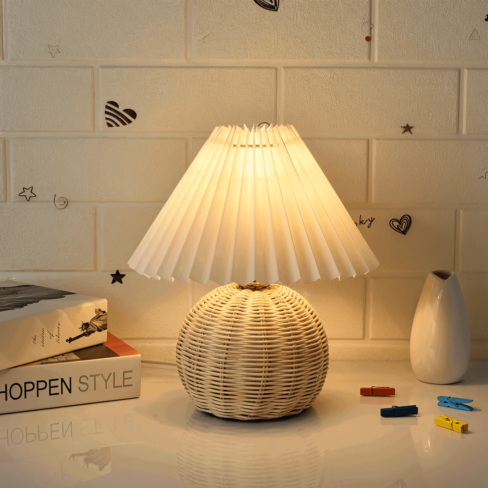 Brolly Pleated Table Lamp - Retro Rattan Lamp - Conical Table Lamp -  - #tag1#