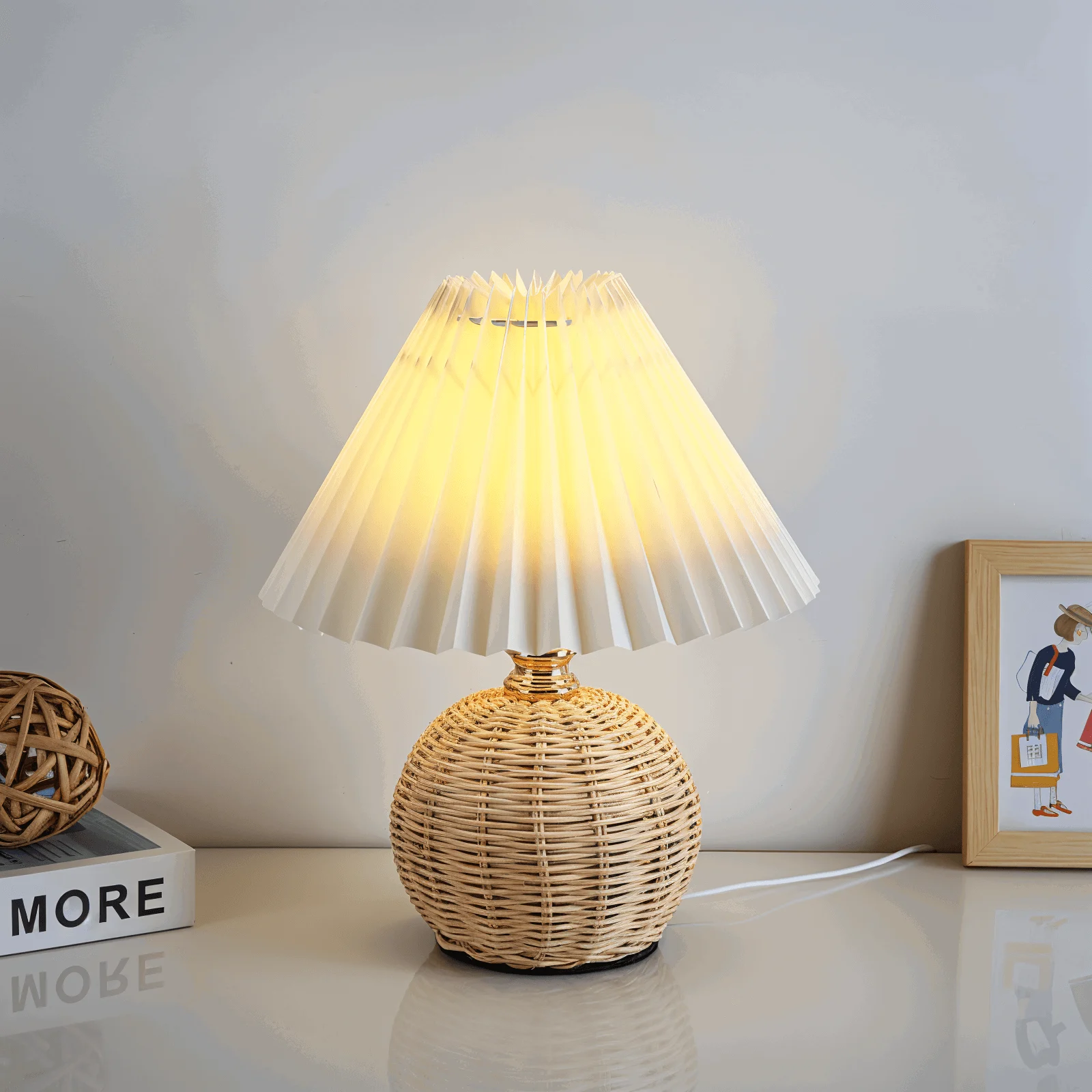 Brolly Pleated Table Lamp - Retro Rattan Lamp - Conical Table Lamp -  - #tag1#