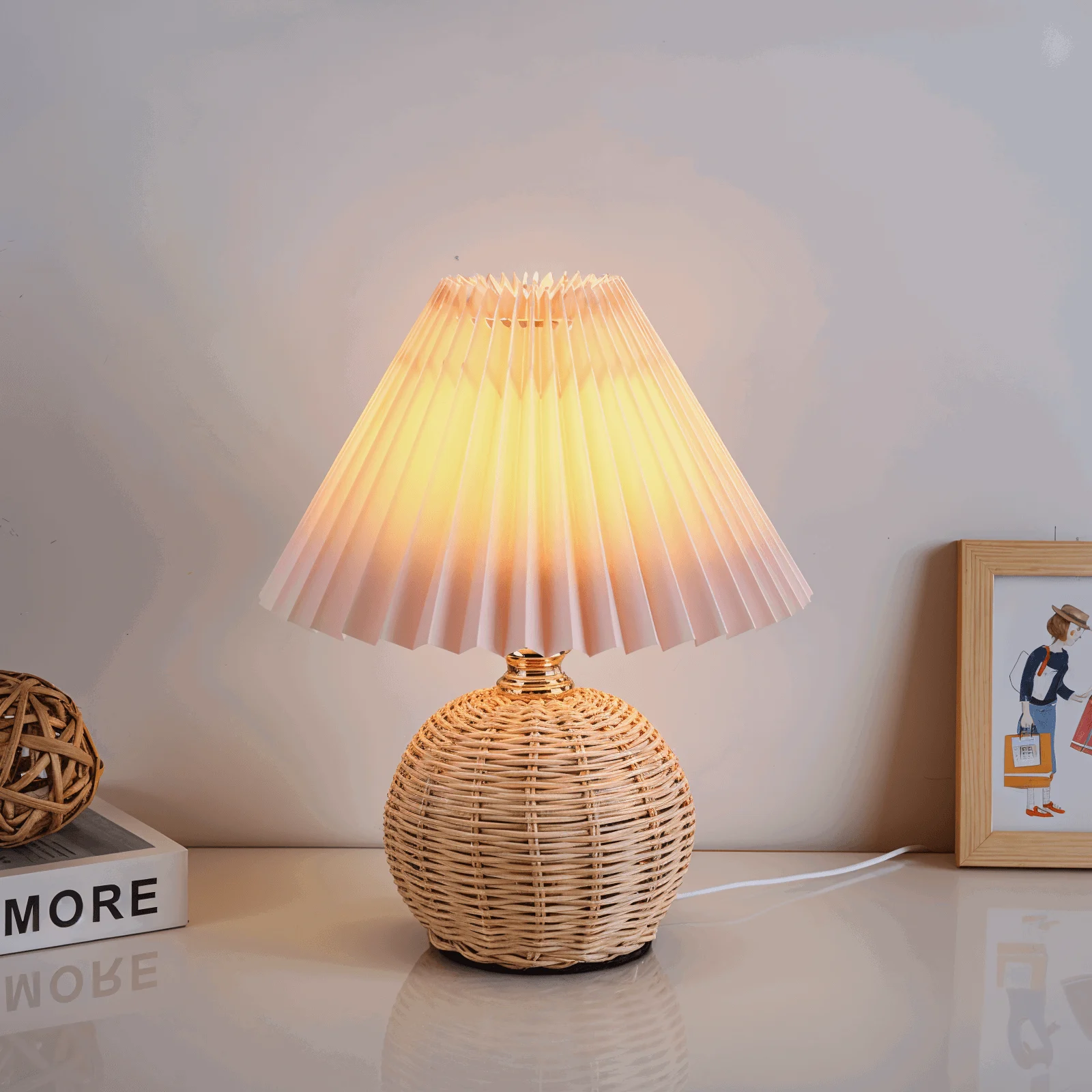 Brolly Pleated Table Lamp - Retro Rattan Lamp - Conical Table Lamp -  - #tag1#