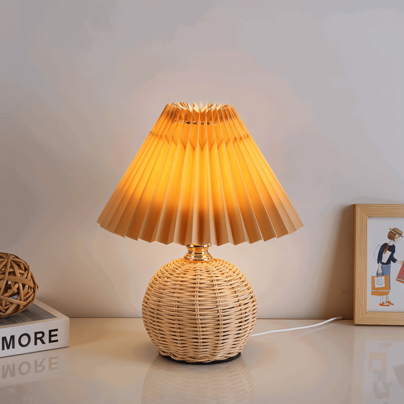 Brolly Pleated Table Lamp - Retro Rattan Lamp - Conical Table Lamp -  - #tag1#