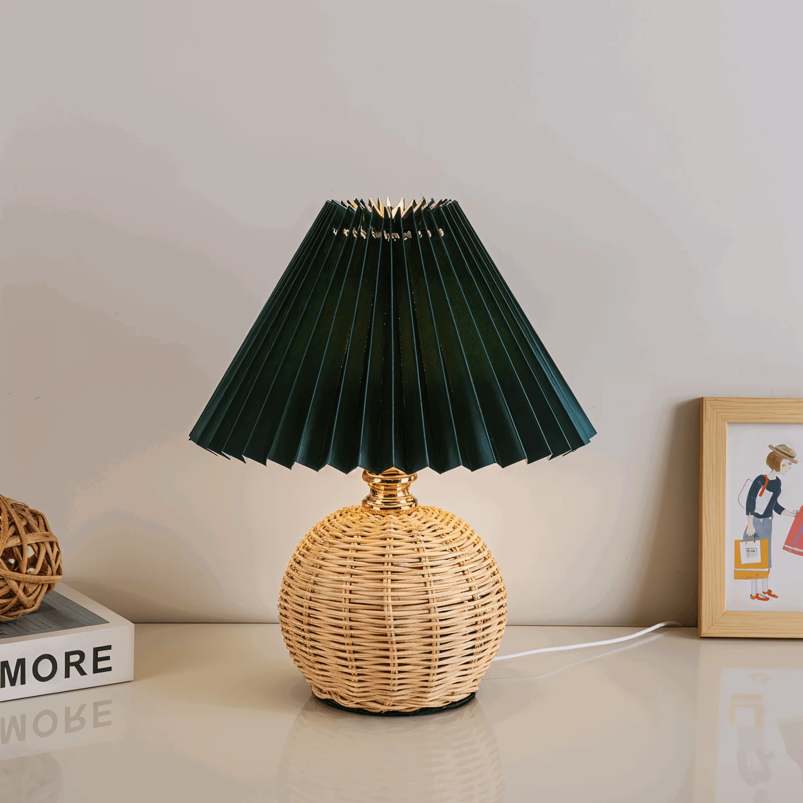 Brolly Pleated Table Lamp - Retro Rattan Lamp - Conical Table Lamp -  - #tag1#