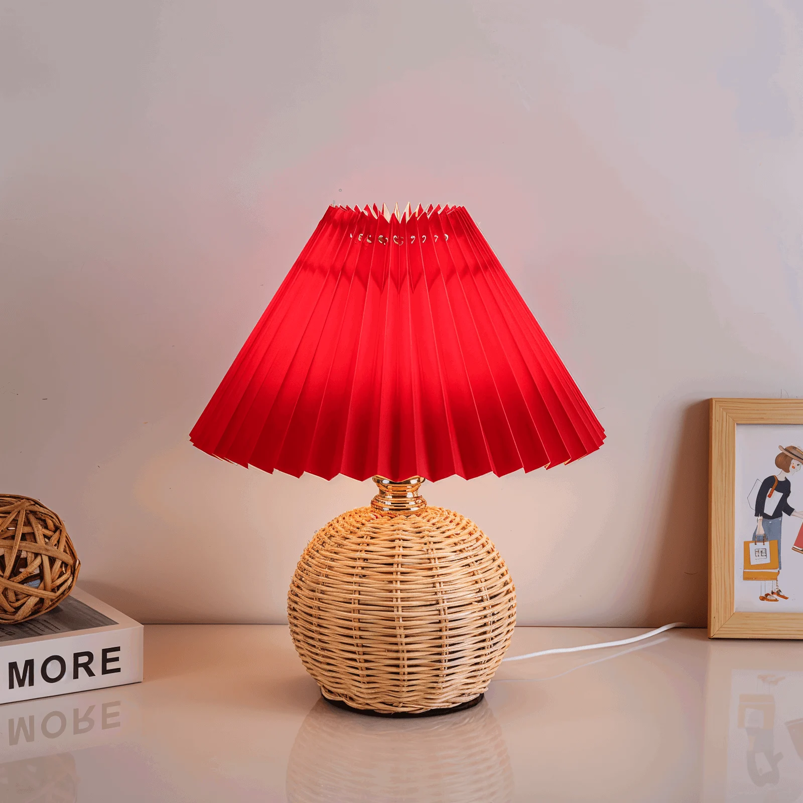 Brolly Pleated Table Lamp - Retro Rattan Lamp - Conical Table Lamp -  - #tag1#