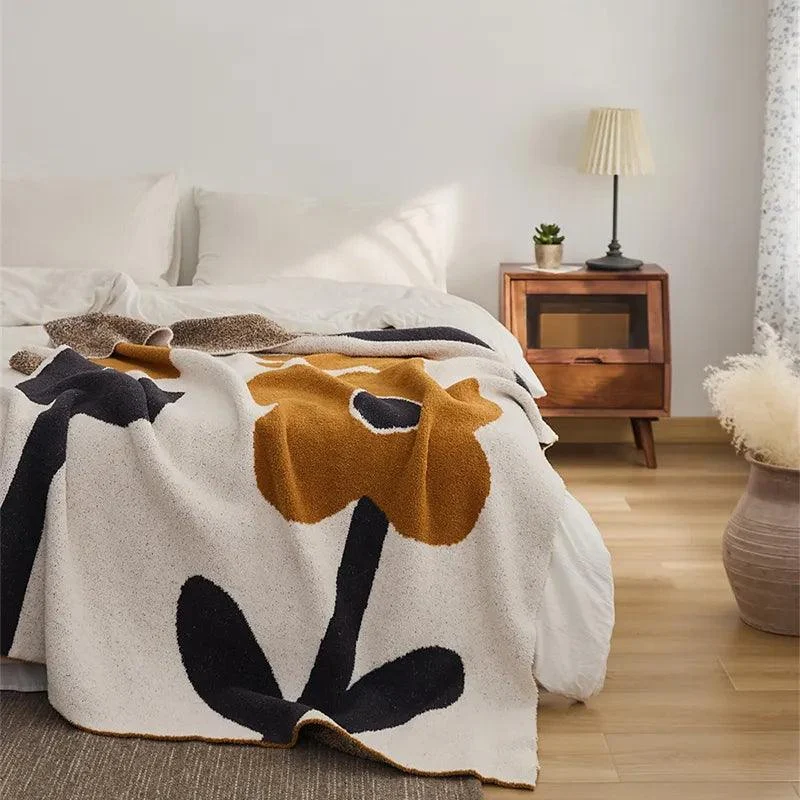 Brown Flower Knitted Throw Blanket -