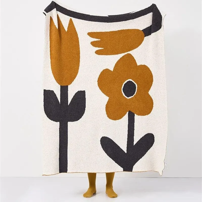 Brown Flower Knitted Throw Blanket -