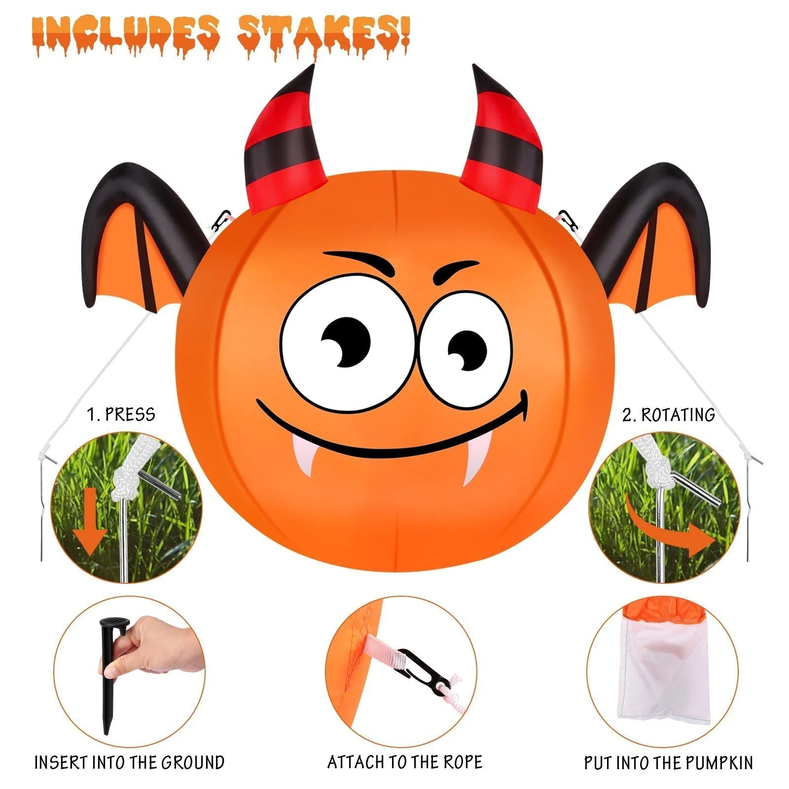 CAMAULAN 4FT Halloween Pumpkin Outdoor Decoration with a Bat -  - #tag1#