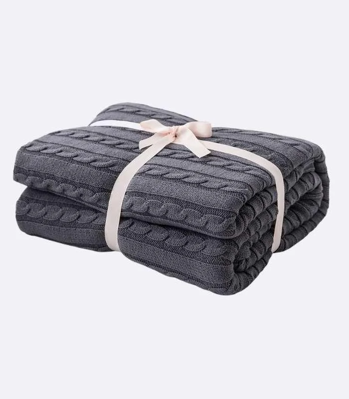 Cable Throw Knitted Blanket Cotton Grey -  - #tag1#