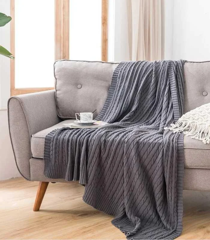 Cable Throw Knitted Blanket Cotton Grey -  - #tag1#