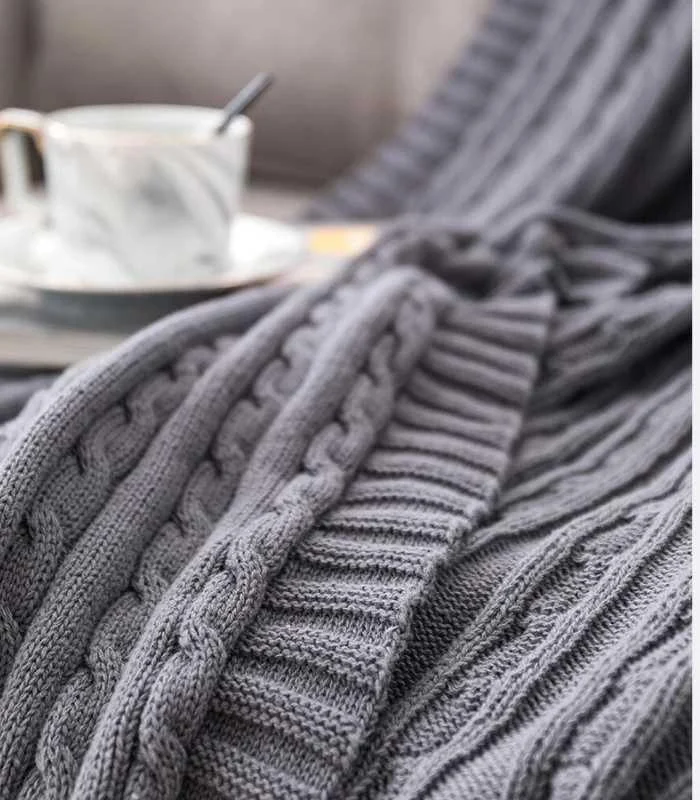 Cable Throw Knitted Blanket Cotton Grey -  - #tag1#