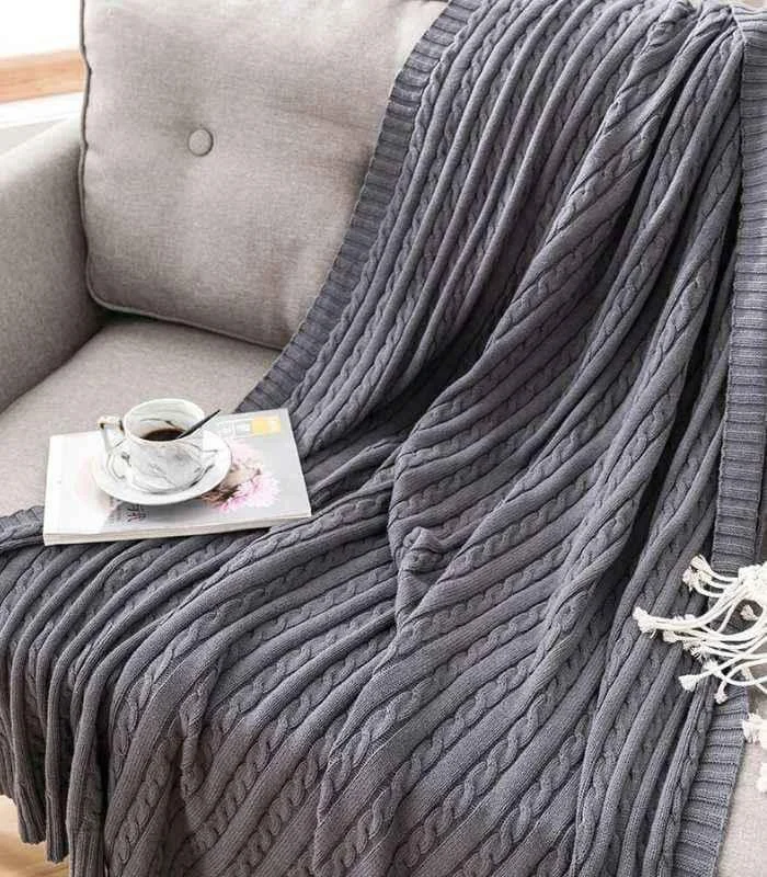 Cable Throw Knitted Blanket Cotton Grey -  - #tag1#