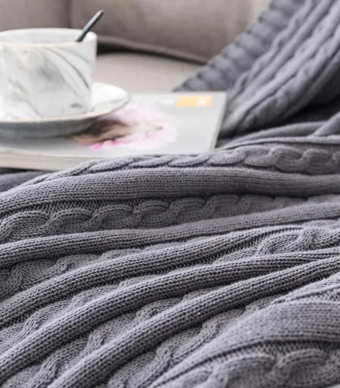 Cable Throw Knitted Blanket Cotton Grey -  - #tag1#