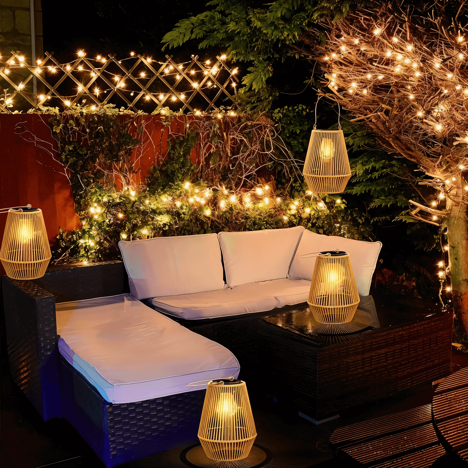 CageRattan Solar Lights Garden - Bamboo Solar Lights - Waterproof Hanging Lantern -  - #tag1#