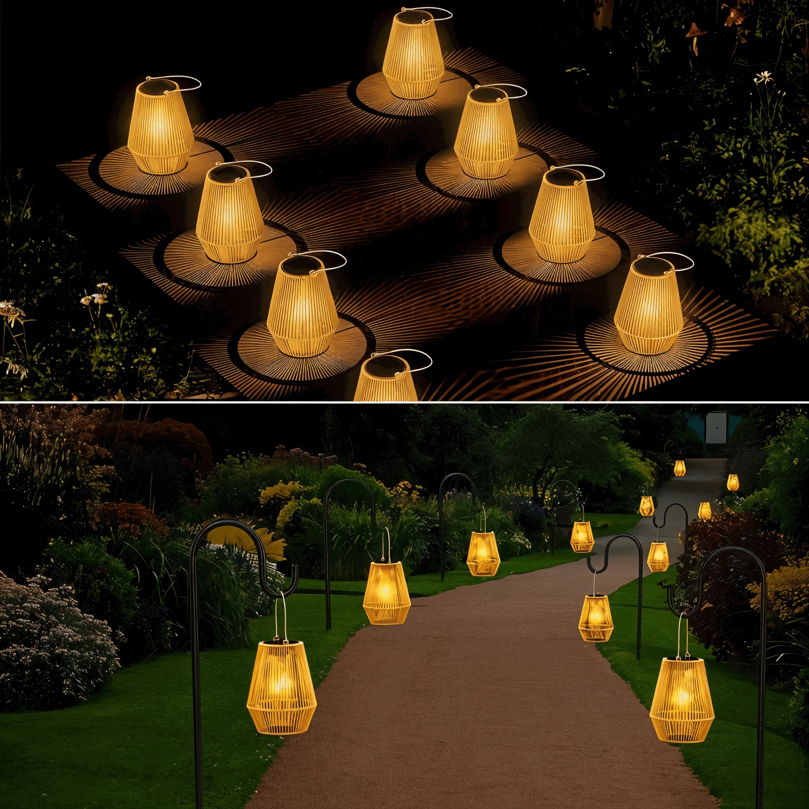 CageRattan Solar Lights Garden - Bamboo Solar Lights - Waterproof Hanging Lantern -  - #tag1#