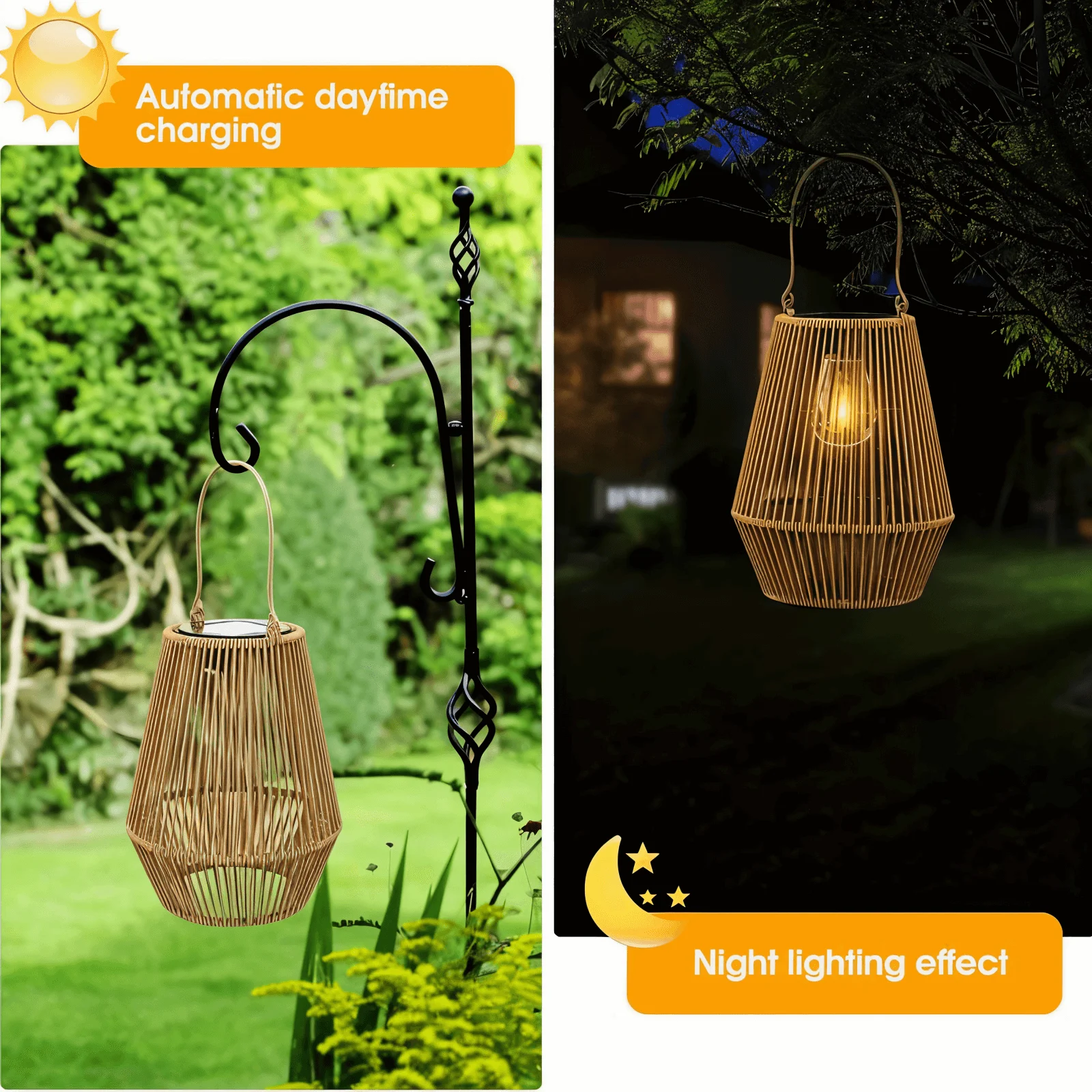 CageRattan Solar Lights Garden - Bamboo Solar Lights - Waterproof Hanging Lantern -  - #tag1#