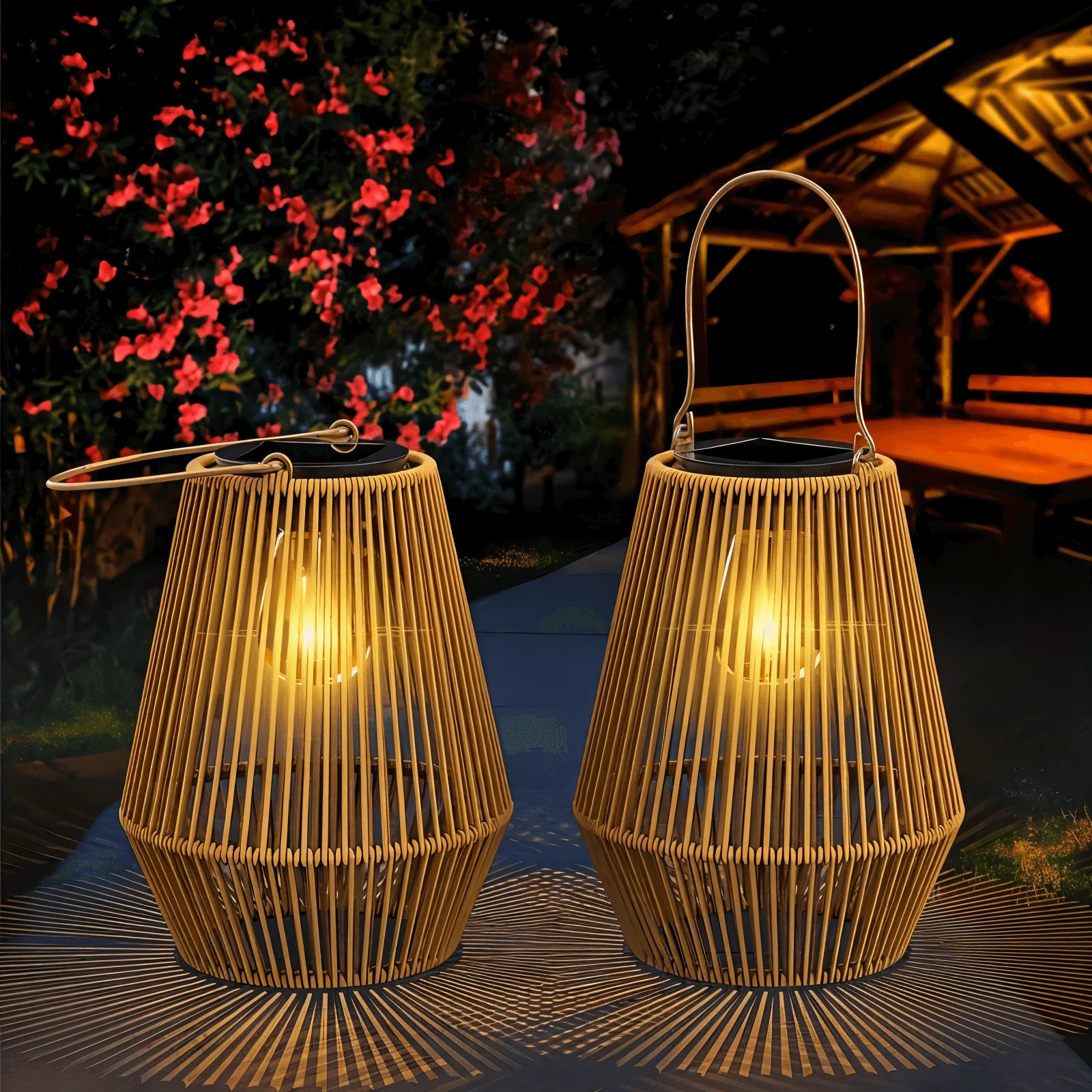 CageRattan Solar Lights Garden - Bamboo Solar Lights - Waterproof Hanging Lantern -  - #tag1#