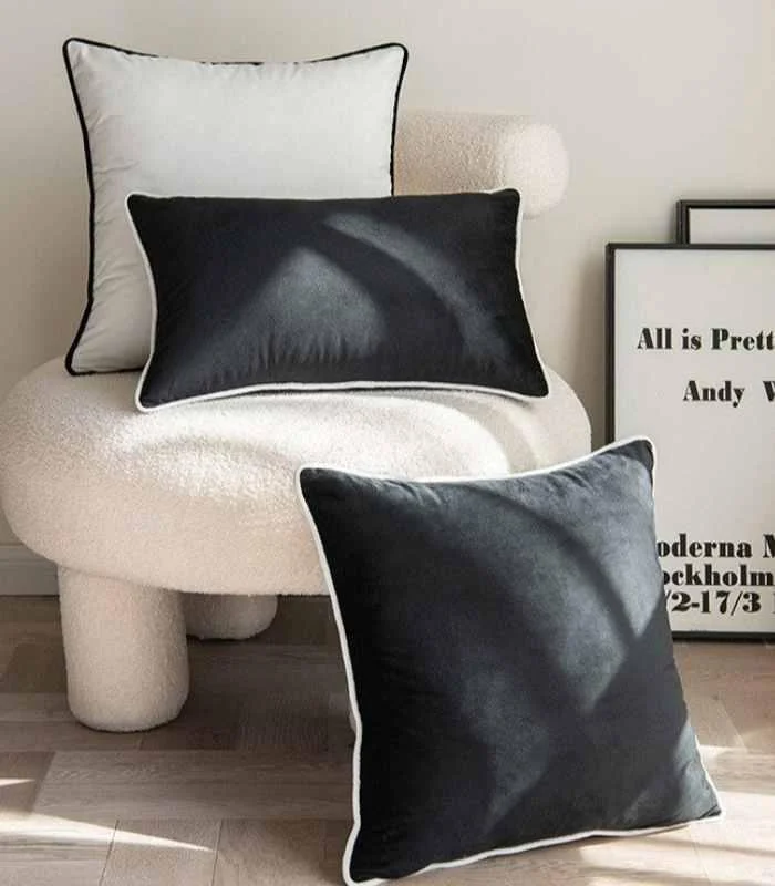 Camillo Cushion Cover Black and White Velvet with Pipping -  - #tag1#
