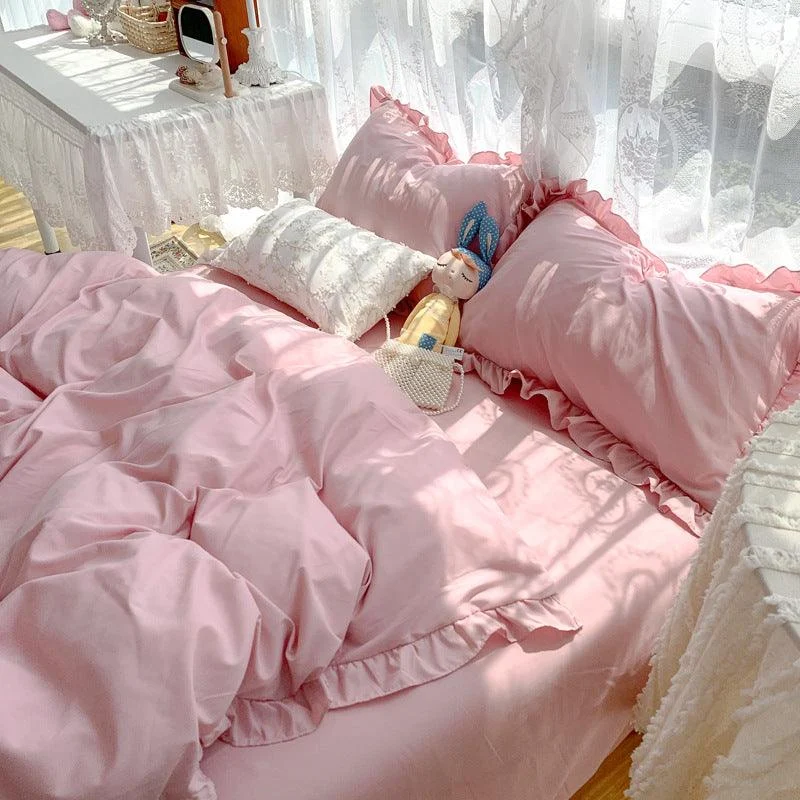 Candy Color Ruffle Trim Bedsheet Set -  - #tag1#