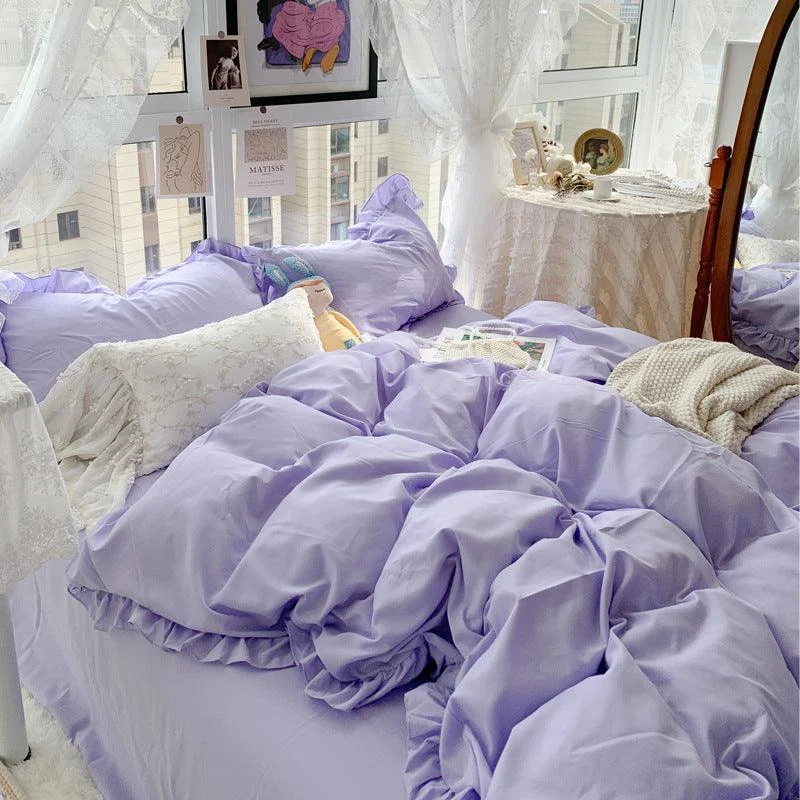 Candy Color Ruffle Trim Bedsheet Set -  - #tag1#