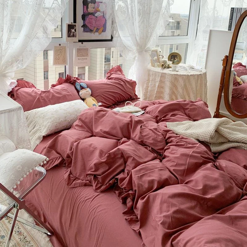 Candy Color Ruffle Trim Bedsheet Set -  - #tag1#