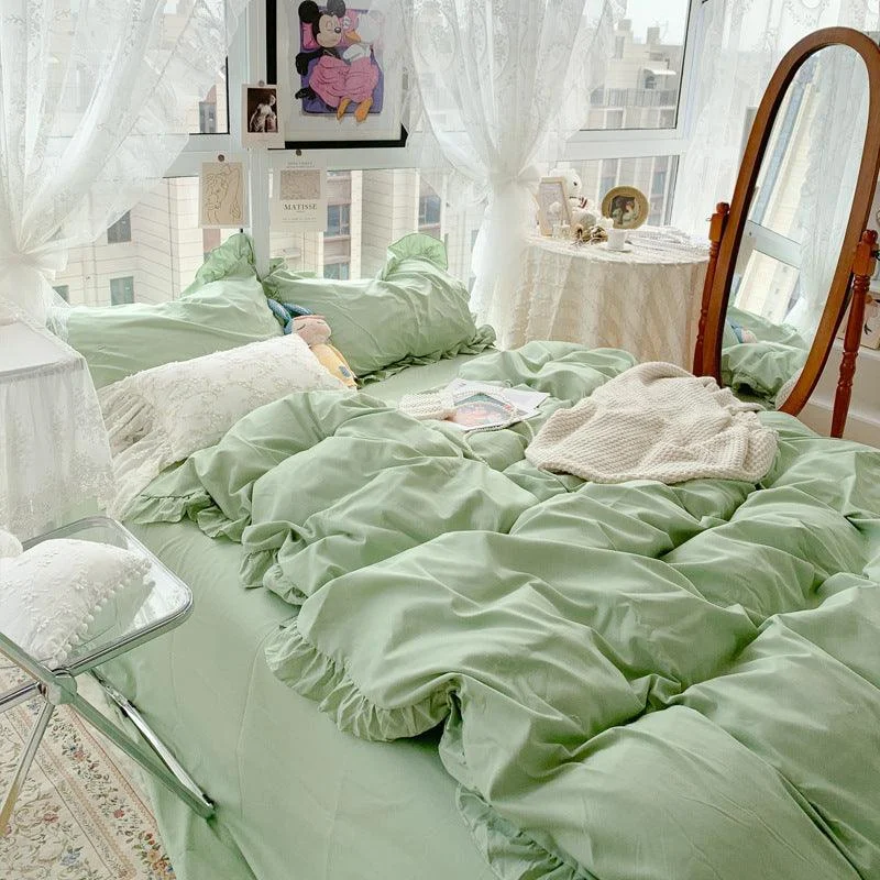 Candy Color Ruffle Trim Bedsheet Set -  - #tag1#