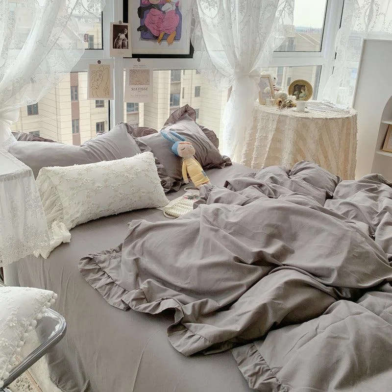 Candy Color Ruffle Trim Bedsheet Set -  - #tag1#