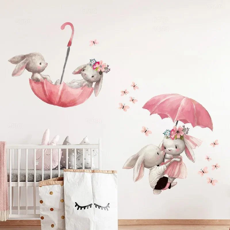 Cartoon Pink Umbrella Butterfly Bunny In Love Wall Stickers For Kids Room Baby Nursery Wall Decals.jpg 384aeca6 A52a 42fb B610 2b59890ef248
