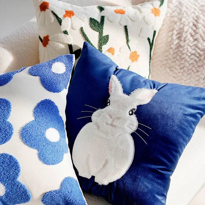 Cartoon Rabbit Floral Cushion Cover -