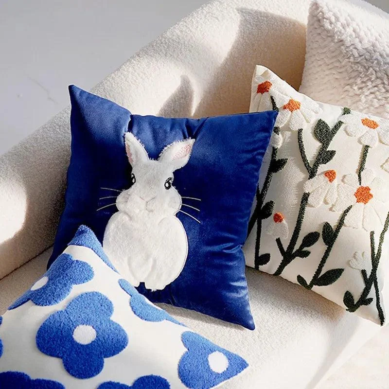 Cartoon Rabbit Floral Cushion Cover -