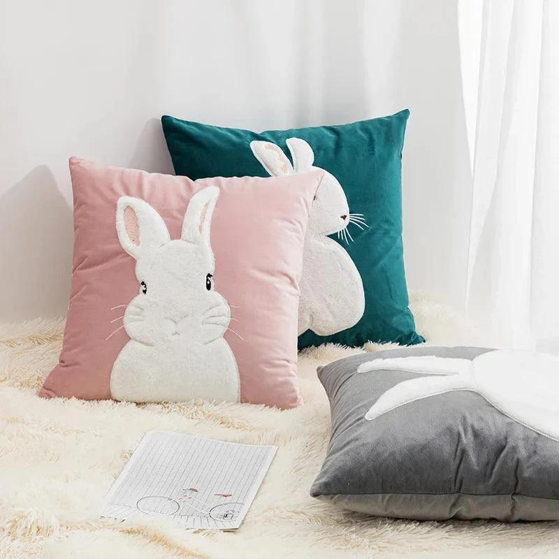 Cartoon Rabbit Floral Cushion Cover -