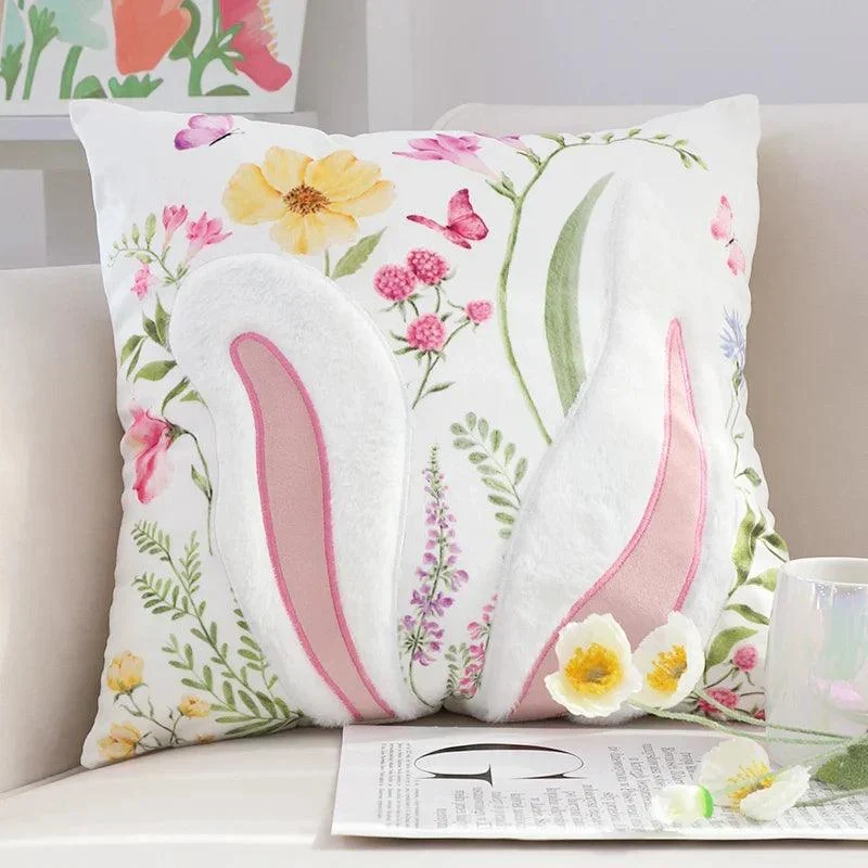 Cartoon Rabbit Floral Cushion Cover -