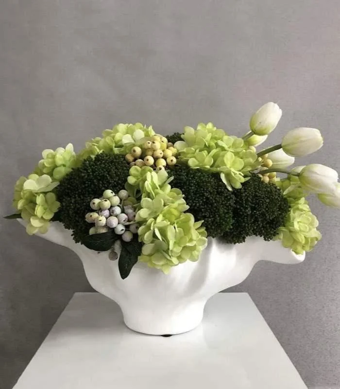 Centerpiece Bowl Vase with Rippled Design Large White Resin -  - #tag1#