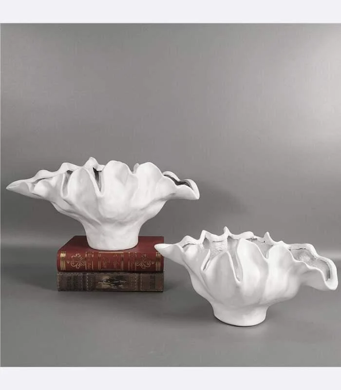 Centerpiece Bowl Vase with Rippled Design Large White Resin -  - #tag1#