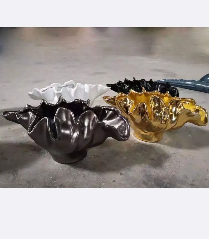 Centerpiece Bowl Vase with Rippled Design Large White Resin -  - #tag1#