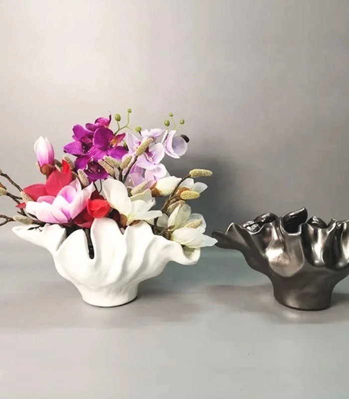Centerpiece Bowl Vase with Rippled Design Large White Resin -  - #tag1#