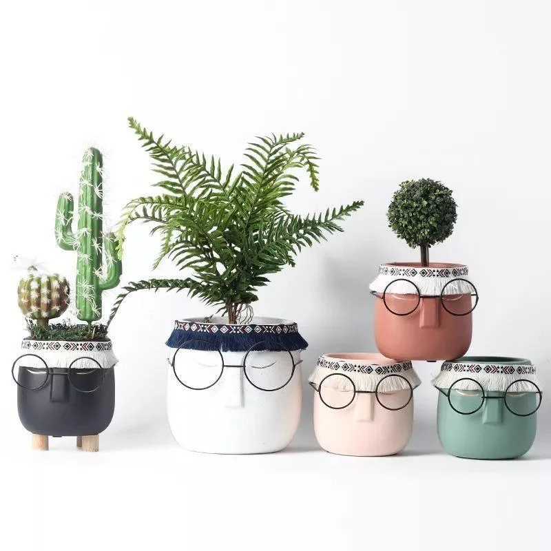 Ceramic Abstract Sleeping Face Planter with Headband and Glasses -