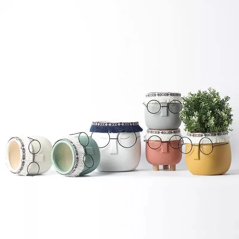Ceramic Abstract Sleeping Face Planter with Headband and Glasses -