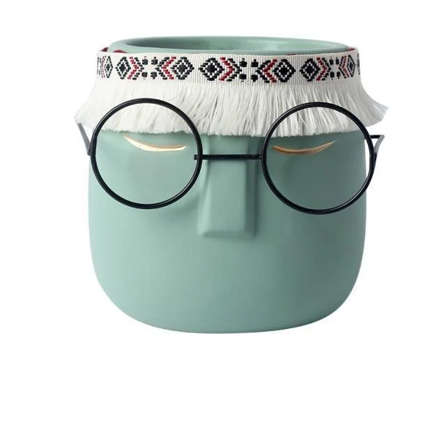 Ceramic Abstract Sleeping Face Planter with Headband and Glasses -
