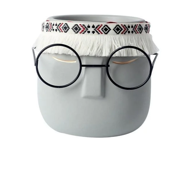 Ceramic Abstract Sleeping Face Planter with Headband and Glasses -