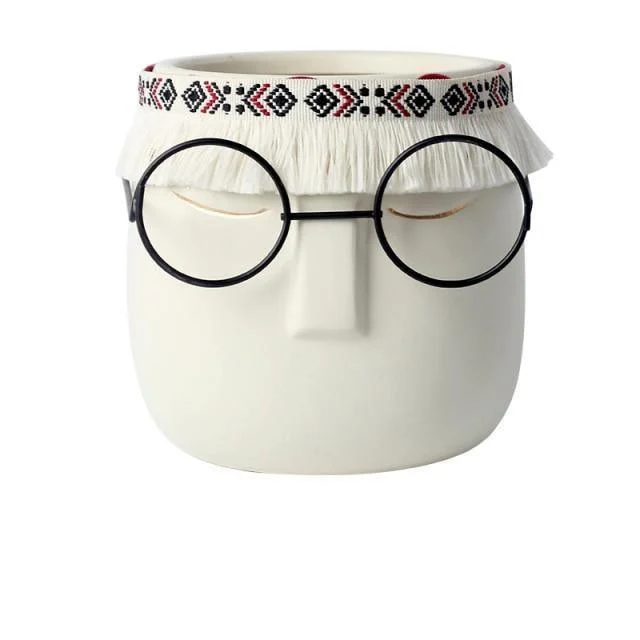 Ceramic Abstract Sleeping Face Planter with Headband and Glasses -