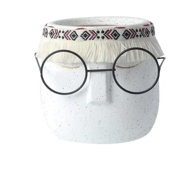 Ceramic Abstract Sleeping Face Planter with Headband and Glasses -