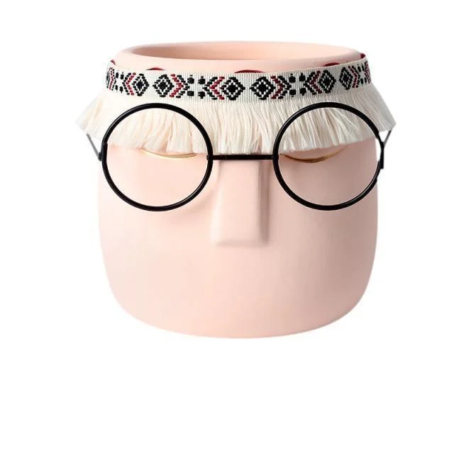 Ceramic Abstract Sleeping Face Planter with Headband and Glasses -