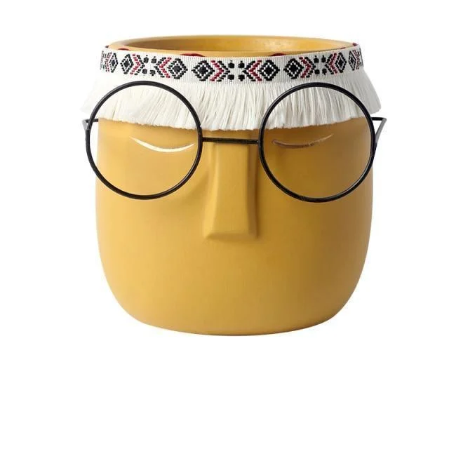 Ceramic Abstract Sleeping Face Planter with Headband and Glasses -