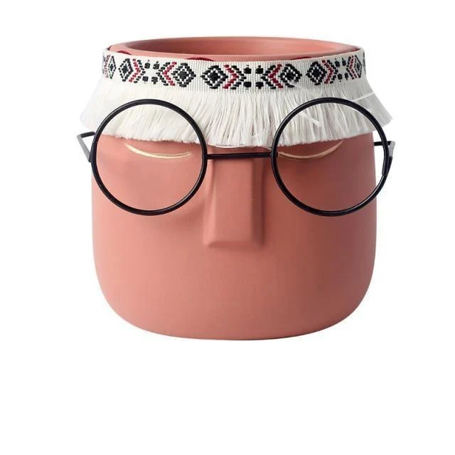 Ceramic Abstract Sleeping Face Planter with Headband and Glasses -