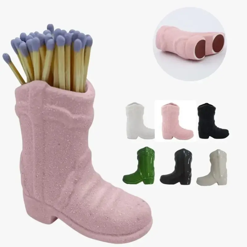 Ceramic Cowboy Boot Match Stick Holder With Striker tag1