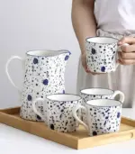 Ceramic Cups Jug Ink Hand painted White Blue tag1