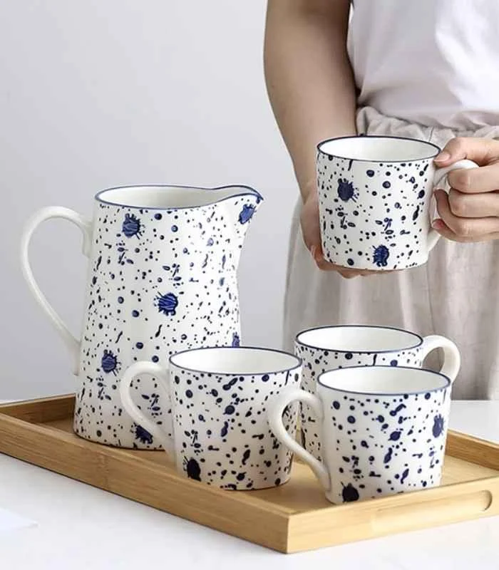 Ceramic Cups & Jug Ink Hand-painted White & Blue -  - #tag1#